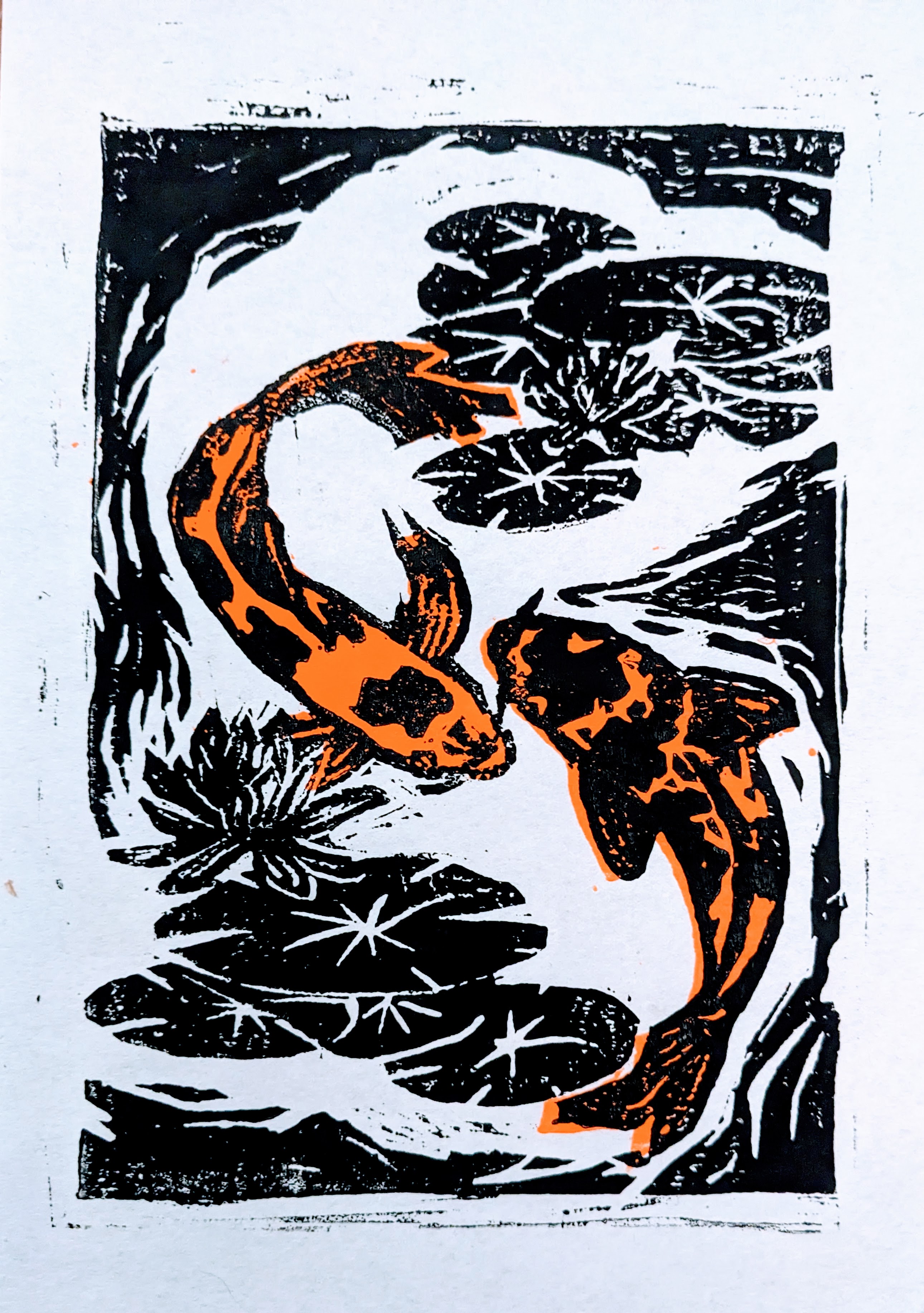Two colour linocut print of two koi carp in a pond